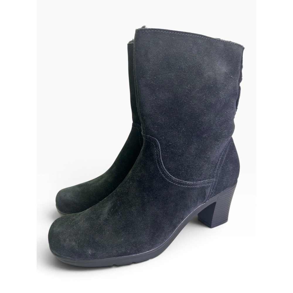Clarks Black Suede Boho Winter Ankle Booties Faux Shearling Fur Trim 8.5 M